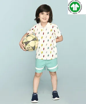 Spunkies Organic Cotton Half Sleeves Thunder Print Polo Tee -White