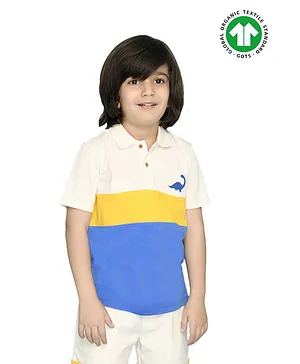 Spunkies Organic Cotton Half Sleeves Dino Embroidered Colorblocked Polo Tee - Blue