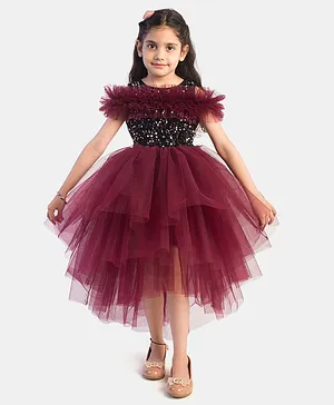 Toy Balloon Cold Shoulder Short Sleeves Net Ruffle Sequined Bodice High Low Flared Party Wear Dress - Maroon