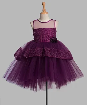 Toy Balloon Sleeveless Floral Corsage Detail And Embellished Bodice Hi Low Skirt Style Party Dress - Purple