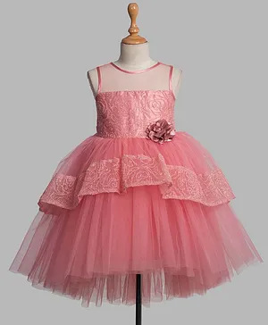 Toy Balloon Sleeveless Floral Corsage Detail And Embellished Bodice Hi Low Skirt Style Party Dress - Dusty Pink