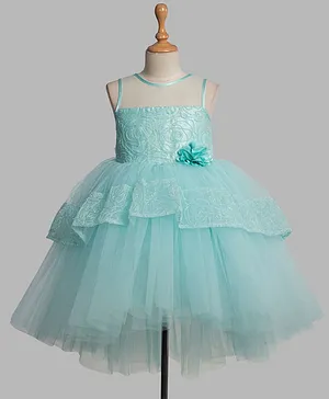 Toy Balloon Sleeveless Floral Corsage Detail And Embellished Bodice Hi Low Skirt Style Party Dress - Sky Blue