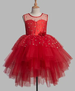 Toy Balloon Sleeveless Glitter Embellished Bodice Tulle Layered High & Low Party Wear Dress With Flower Applique - Red