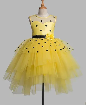 Toy Balloon Sleeveless Glitter Embellished Bodice Tulle Layered High & Low Party Wear Dress With Flower Applique - Yellow