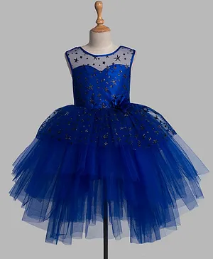 Toy Balloon Sleeveless Glitter Embellished Bodice Tulle Layered High & Low Party Wear Dress With Flower Applique - Blue