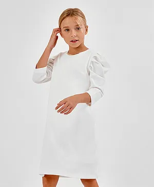 Primo Gino Full Sleeves A Line Textured Fitted Dress With Gathered Flounce Sleeve & Golden Metal Neck Trim Detail - White