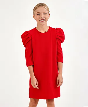 Primo Gino Girls A Line Textured Fitted Dress With Gathered Flounce Sleeve & Golden Metal Neck Trim Detail - Red