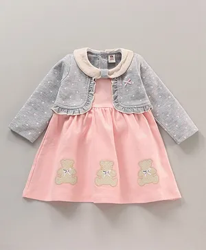 ToffyHouse Full Sleeves Frock With Shrug Bear Embroidery & Polka Dot Print- Pink