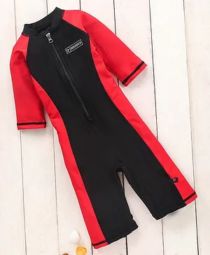 ROVARS Cotton Blend Half Sleeves Legged Swimsuit Colour Block - Red