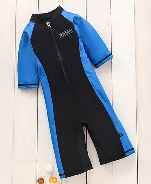 ROVARS Cotton Blend Half Sleeves Legged Swimsuit Colour Block - Dark Blue