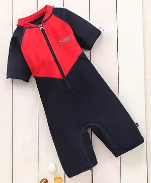ROVARS Cotton Blend Half Sleeves Legged Swimsuit Colour Block - Red Black
