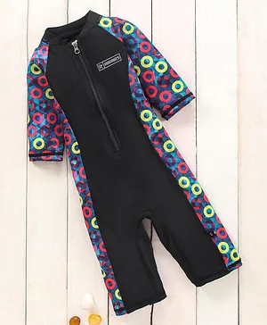 ROVARS Cotton Blend Half Sleeves Legged Swimsuit Colour Block - Multicolour