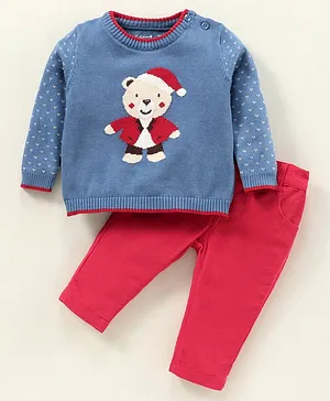 ToffyHouse Full Sleeves T-Shirt And Trouser Teddy Design - Blue Red