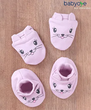 Babyoye Cotton Mittens & Booties Cat Print - Prism Pink