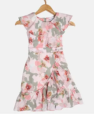 Peppermint Sleeveless Floral & Camouflage Printed Layered Frill Dress - Peach