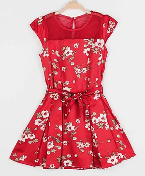 Peppermint Short Sleeves Tulle Yoke Floral Print Dress - Red