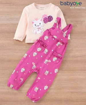 Babyoye Cotton Full Sleeves Top with Dungaree Style Romper Kitty Print - Pink Cream