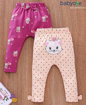 Babyoye Eco Conscious with Eco Jiva finish 100% Cotton Full Length Diaper Leggings Cat Print & Bow Applique Pack of 2 - Violet & Pink