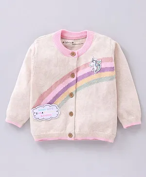 Toffyhouse Cotton Full Sleeves Cardigan Rainbow Print - Pink