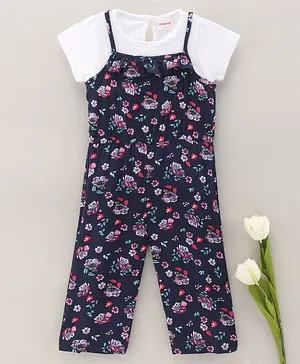 Babyhug Half Sleeves Cotton Tee With Jumpsuit Floral Print- Navy White