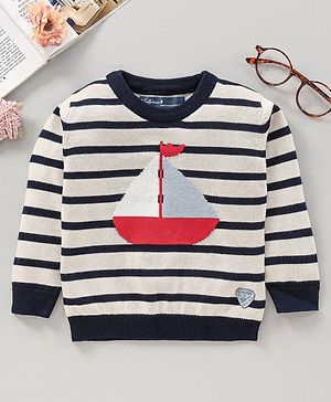 ToffyHouse Full Sleeves Pre Winter Wear T-shirt Boat Embroidered - Blue