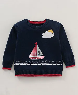 ToffyHouse Cotton Full Sleeves Boat Embroided T-Shirt - Navy Blue