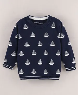 ToffyHouse Full Sleeves Ship Printed Winter Tee - Navy Blue