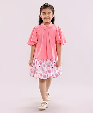 Enfance Core Half Bell Sleeves Collared Top With Circle Print Skirt - Pink