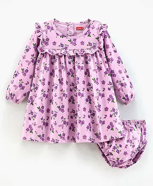 Babyhug Three Fourth Sleeves 100% Cotton Frock With Bloomer Floral Print- Lilac