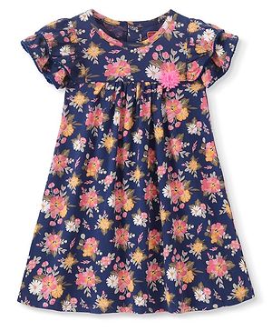 Babyhug 100% Cotton Half Sleeves Frock Floral Print- Navy Blue