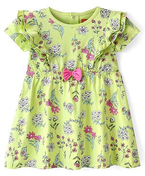 Babyhug 100% Cotton Half Sleeves Frock With Bow Detailing & Floral Print - Lime Green