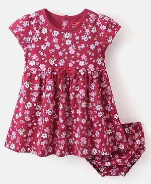Babyhug 100% Cotton Short Sleeves Frock With Bloomer Floral Print - Fuschia