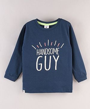 Ollypop Full Sleeves Cotton T-Shirt Text Print - Persian Blue