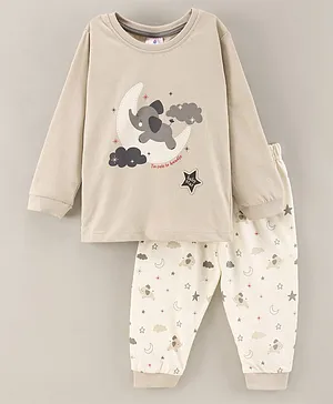 First Smile Full Sleeves Night Suit Elephant Print - Ivory