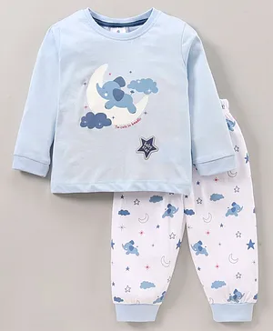 First Smile Full Sleeves Night Suit Elephant Print - Blue