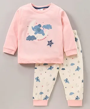 First Smile Full Sleeves Night Suit Elephant Print - Pink