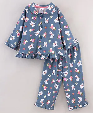 Ollypop Cotton Knit Full Sleeves Bunny Printed Night Suit - Dark Blue