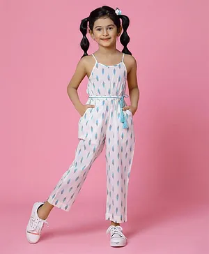 Lil Peacock Sleeveless All Over Motif Printed Jumpsuit With Side Pocket - White