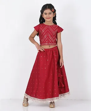 Lil Peacock Cap Sleeves All Over Embroidered & Mirror Work Embellished Choli With Sequin & Lace Hem Detailed Lehenga - Marron