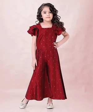 Lil Peacock Half Layered Flutter Sleeves All Over Sequin Embellished Flared Ethnic Jumpsuit - Maroon