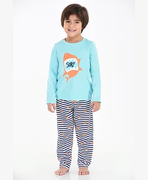 Mackly  Full Sleeves Surf Shark Print Tee With Starfish On Striped  Lounge Pants - Blue