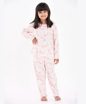 Mackly Full Sleeves Ruffle Neck Detail All Over Unicorn Print Coordinated Tee & Lounge Pants Set - Pink