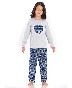 Mackly Full Sleeves Heart & Aztec Style Print Tee & Lounge Pants Set - Melange Grey & Blue