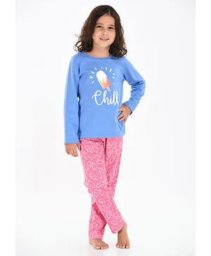 Mackly Full Sleeves Popsicle Chill Ice Cream Print Tee & Lounge Pants Set - Blue & Pink