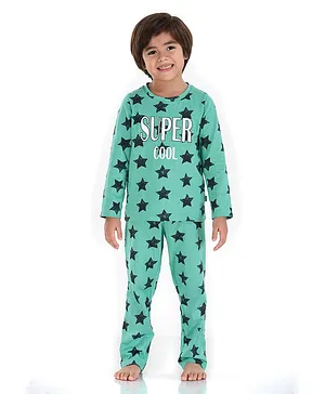 Mackly Full Sleeves All Over Star & Super Coll Chest Printed Tee With Pyjama - Green