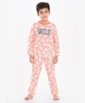 Mackly Full Sleeves All Over Bear & Wild Chest Text Printed Tee With Pyjama - Orange