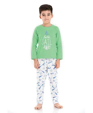 Mackly Full Sleeves Lets Sail Away Text & All Over Ship Printed Tee With Pyjama - Green