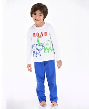 Mackly Full Sleeves Roar Dinosaur Placement Printed Tee & Pajama Set - White