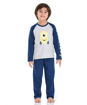 Mackly Full Sleeves One Eyed Cartoon Placement Printed Tee & Pajama Set - Grey