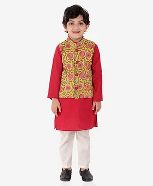 Tiny Bubs Full Sleeves Striped Kurta With Pajama & Floral Print Jacket - Red